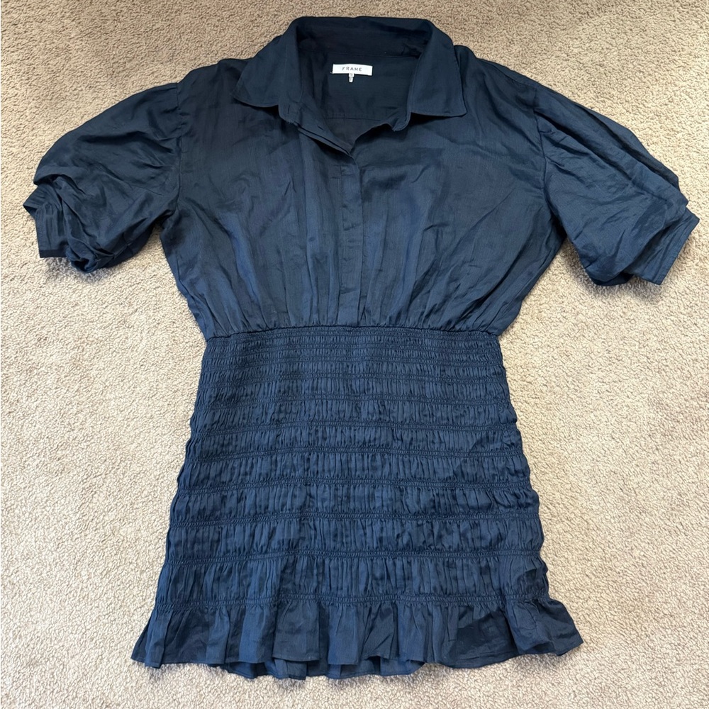 Frame Denim Blue Ruched Puff Sleeve Mini Dress